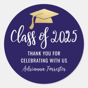 Class Of 2025 Faux Gold Foil Graduate Hat Blue Classic Round Sticker