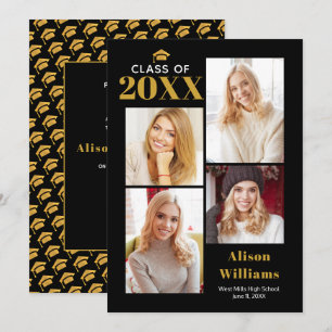 Class of 2025 gold and black graduation cap party invitation