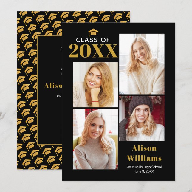 Class of 2025 gold and black graduation cap party invitation (Front/Back)