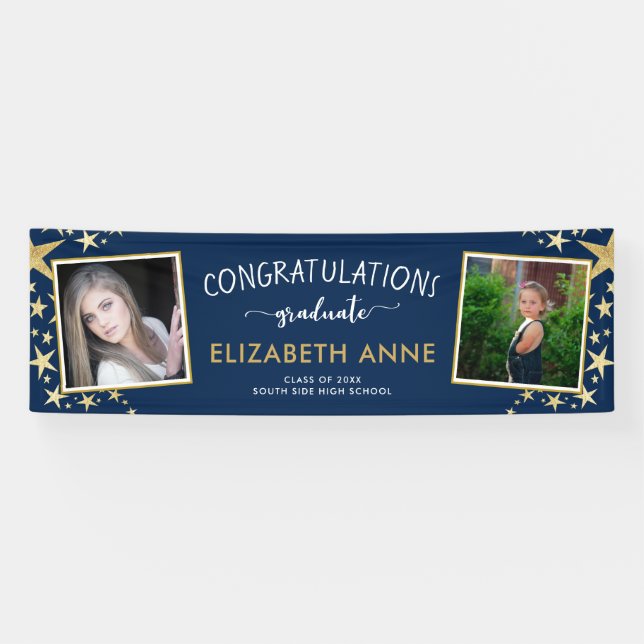 Class of 2025 Gold and Blue 2 Photos Graduation Banner (Horizontal)
