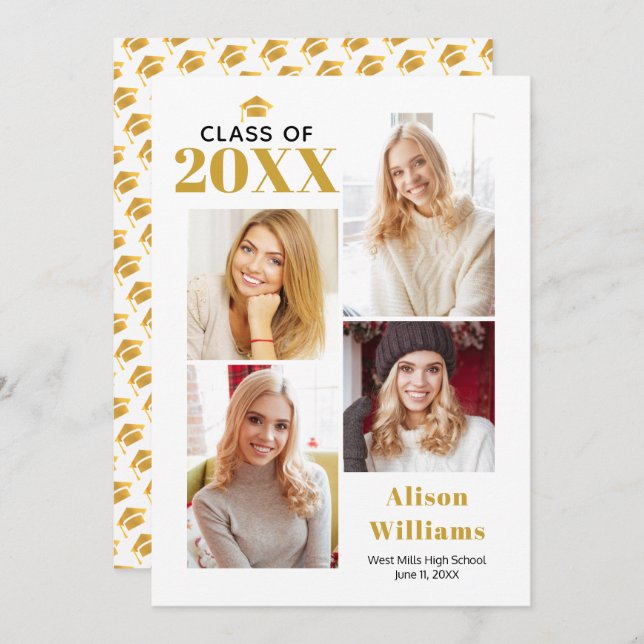 Class of 2025 gold and white graduation cap party invitation (Front/Back)