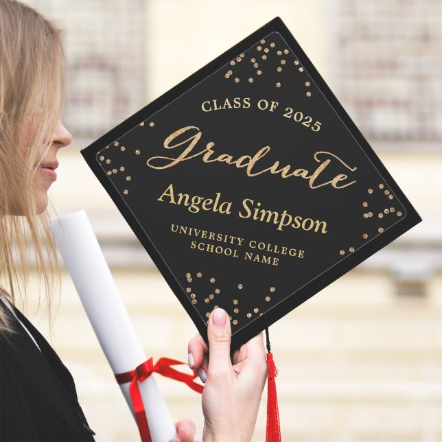 Class of 2025 Gold Confetti Dots Graduate Script Graduation Cap Topper (Creator Uploaded)