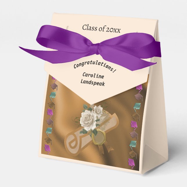 Class of 2025, Gold Foil Diploma, White Roses Favor Box (Front Side)