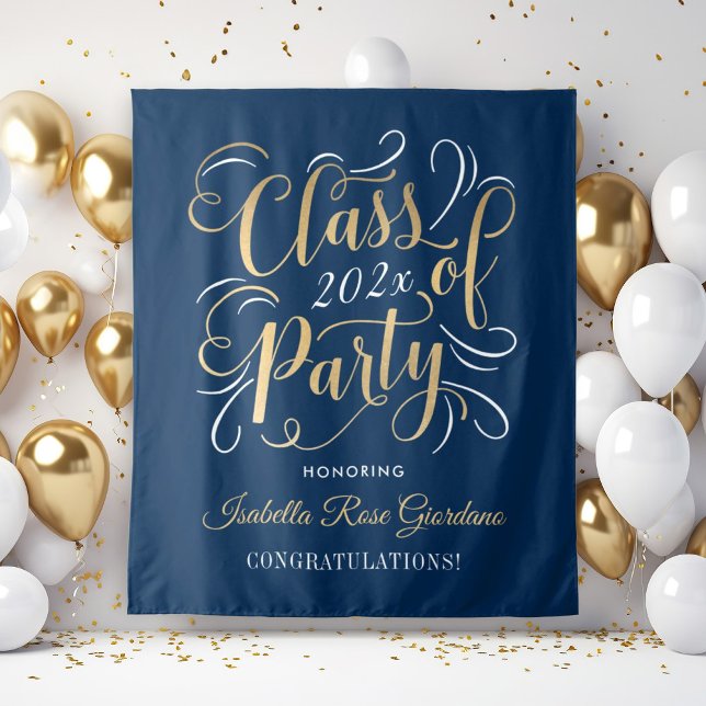 Class of 2025 Gold Navy Custom Graduation Party Tapestry (Creator Uploaded)