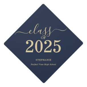 Class of 2025 Gold Script Blue Graduation Cap Topper