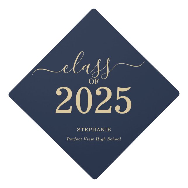 Class of 2025 Gold Script Blue Graduation Cap Topper (Front)