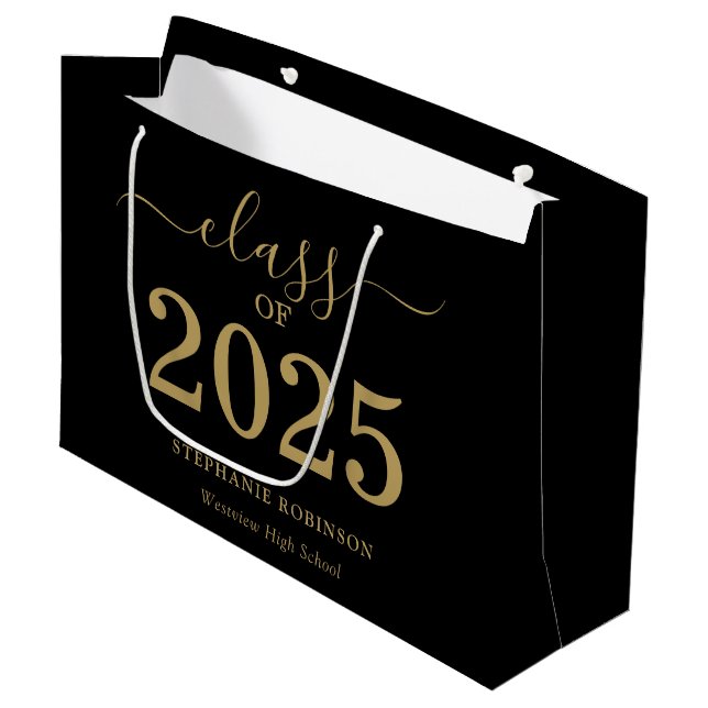 Class of 2025 Gold Script On Black Graduation  Large Gift Bag (Front Angled)