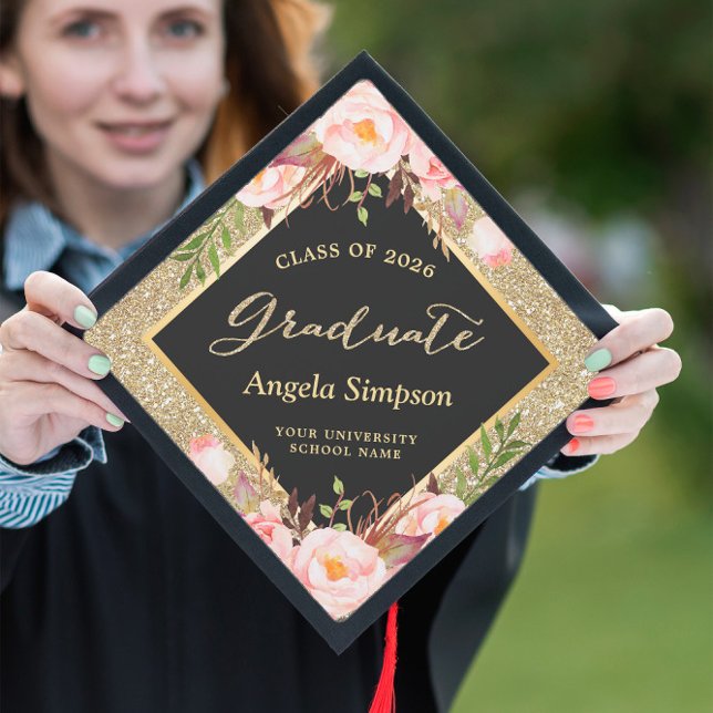 Class of 2025 Gold Whimsical Floral Celebration Graduation Cap Topper (Creator Uploaded)