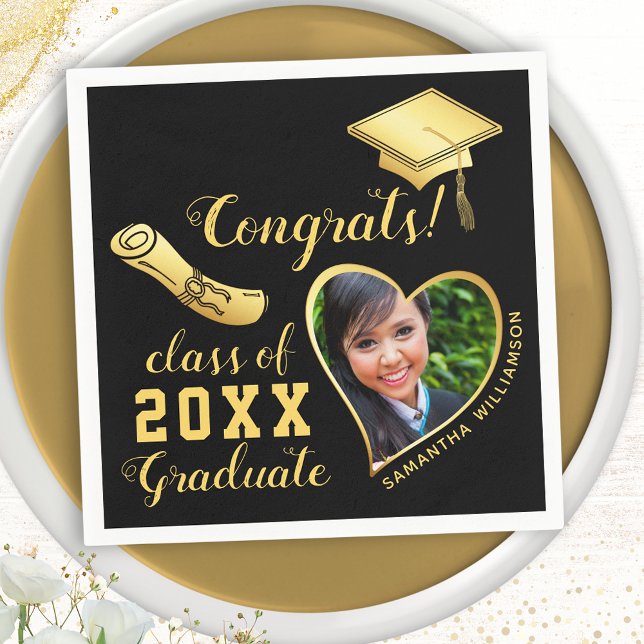 Class of 2025 Grad Photo Black and Gold Graduation Napkin (Creator Uploaded)