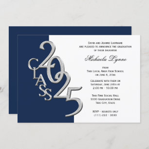 Class of 2025 Grad Silver and Navy Blue Invitation