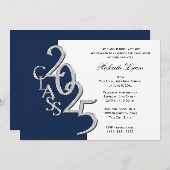 Class of 2025 Grad Silver with Colour Option Invitation (Front/Back)