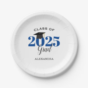 Class of 2025 Grad Simple Blue and Black Paper Plate