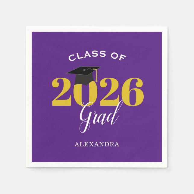 Class of 2025 Grad Simple Purple and Gold Napkin (Front)