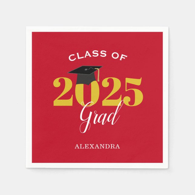 Class of 2025 Grad Simple Red and Gold Napkin (Front)
