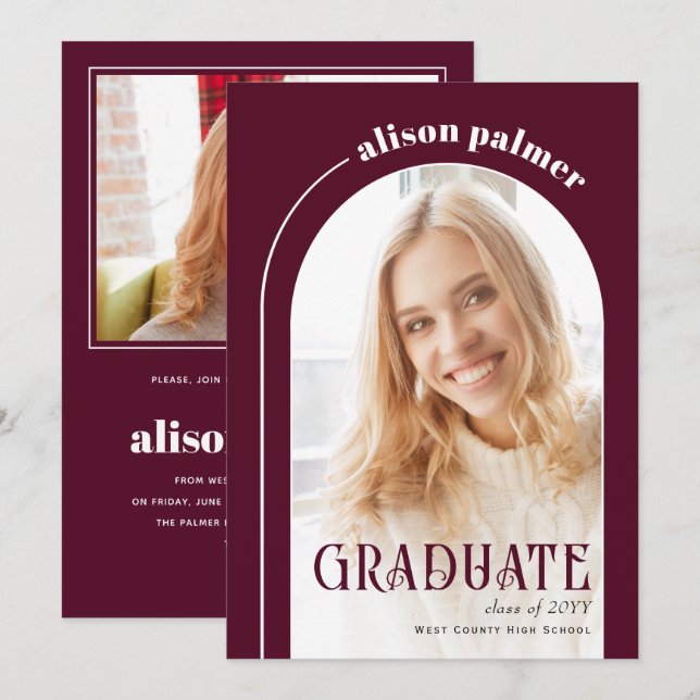 Class of 2025 GRADUATE arch burgundy photo Invitation (Front/Back)