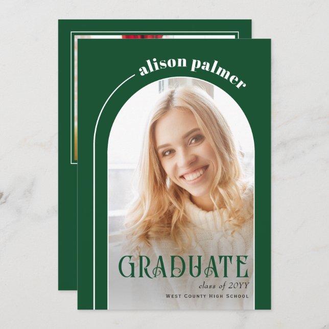 Class of 2025 GRADUATE arch emerald green photo Invitation (Front/Back)