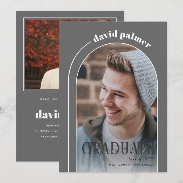 Class of 2025 GRADUATE arch grey photo Invitation (Front/Back)