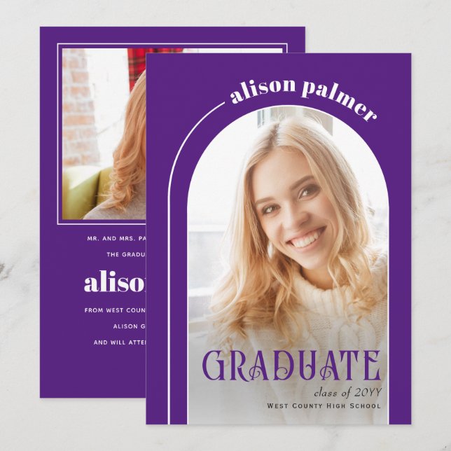 Class of 2025 GRADUATE arch purple photo Announcement (Front/Back)