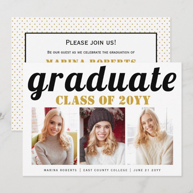 Class of 2025 graduate gold typography photo invitation (Front/Back)