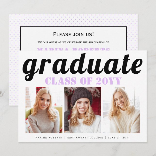 Class of 2025 graduate lilac typography photo invitation (Front/Back)