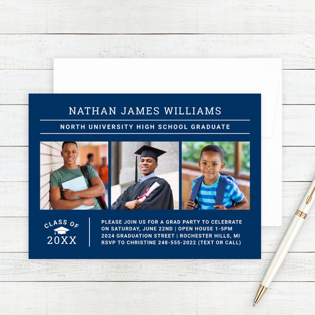 Class of 2025 Graduate Navy 3 Photo Graduation Invitation (Creator Uploaded)