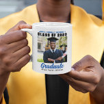 Class of 2025 Graduate Photo Blue Text Graduation Coffee Mug<br><div class="desc">This modern white and blue custom senior photo graduate mug features your high school or college name for the class of 2025. Customize with your name under the chic,  bold handwritten script and black grad cap for a great personalized graduation gift.</div>