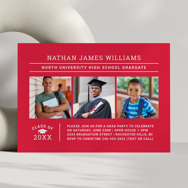 Class of 2025 Graduate Red 3 Photo Graduation Invitation (Creator Uploaded)