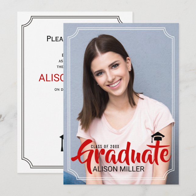 Class of 2025 graduate red typography photo invitation (Front/Back)