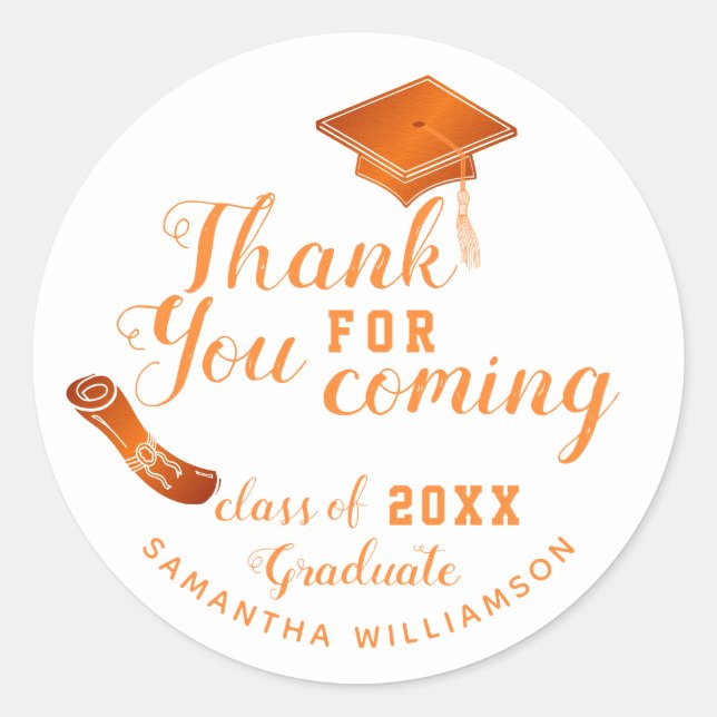 Class of 2025 Graduate White and Orange Thank You Classic Round Sticker (Front)