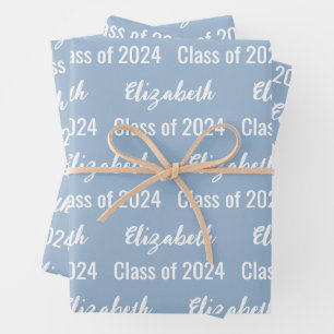 Class of 2025 Graduate's Name Baby Blue and White Wrapping Paper Sheet