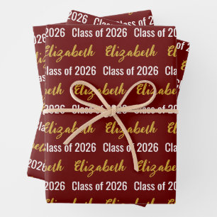 Class of 2025 Graduate's Name Dark Red White Gold Wrapping Paper Sheet