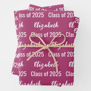 Class of 2025 Graduate's Name Deep Pink and White Wrapping Paper Sheet