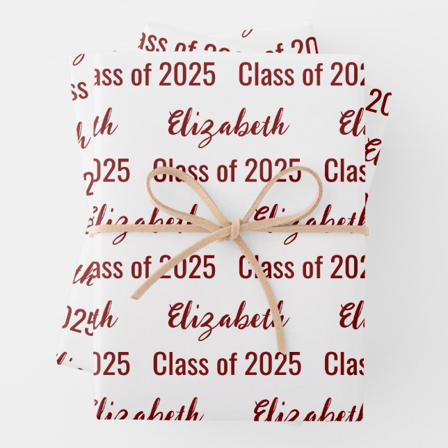 Class of 2025 Graduate's Name White and Dark Red Wrapping Paper Sheet (In situ)