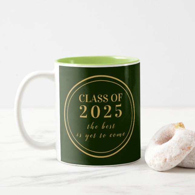 Class of 2025 Green Gold Monogram Graduation Two-T Two-Tone Coffee Mug (With Donut)