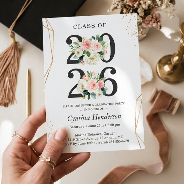 Class of 2025 Modern Gold Blush Floral Graduation Invitation (Creator Uploaded)