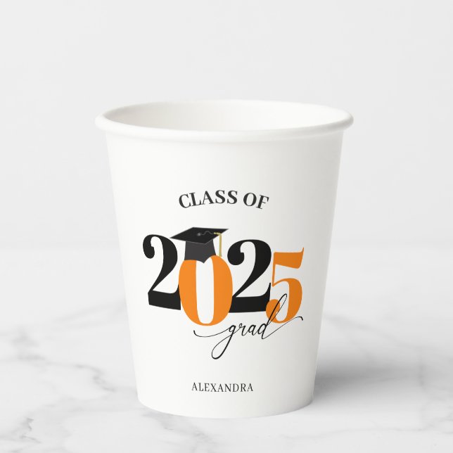 Class of 2025 Modern Tyopgraphy Orange Graduation Paper Cups (Front)