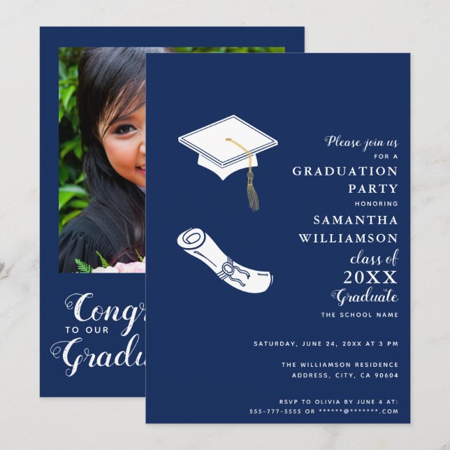 Class of 2025 Navy Blue and White Photo Graduation Invitation (Front/Back)