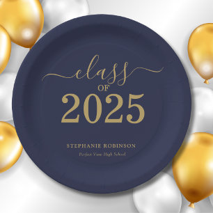 Class of 2025 Navy Blue Gold Graduation Party Paper Plate