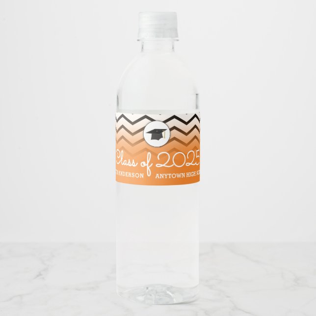 Class of 2025 Orange and Black Chevrons Graduation Water Bottle Label (Front)