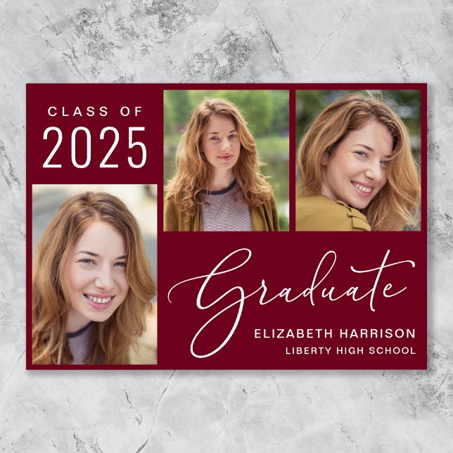 Class of 2025 Photo Script Burgundy Graduation Announcement (Share the pride and excitement of your grad's achievement with friends and family near and far)