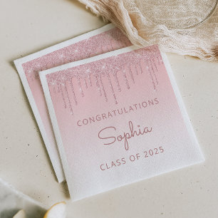 Class of 2025 Pink Glitter Drip Graduation Napkin