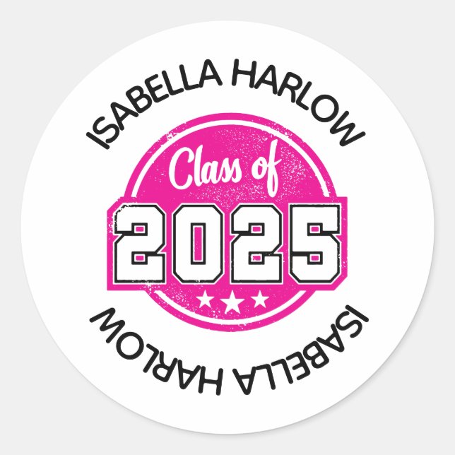 Class of 2025 Pink Graduate Name Classic Round Sticker (Front)