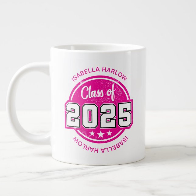 Class of 2025 Pink Graduate Name Large Coffee Mug (Left)