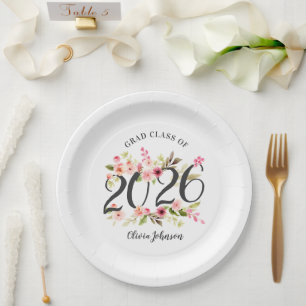 Class of 2025 Pink Watercolor Flowers Graduation Paper Plate