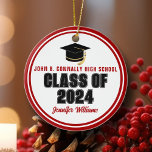 Class of 2025 Red White Custom Graduate Christmas Ceramic Ornament<br><div class="desc">This modern red and white custom Class of 2025 Christmas ornament features your high school or college name. Customize with your graduating student name under the cool script and black grad cap for a great personalized graduation gift.</div>