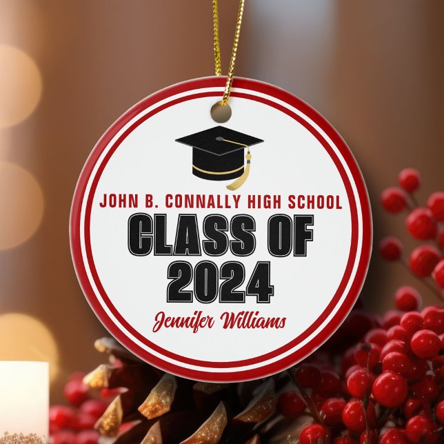 Class of 2025 Red White Custom Graduate Christmas Ceramic Ornament (Creator Uploaded)