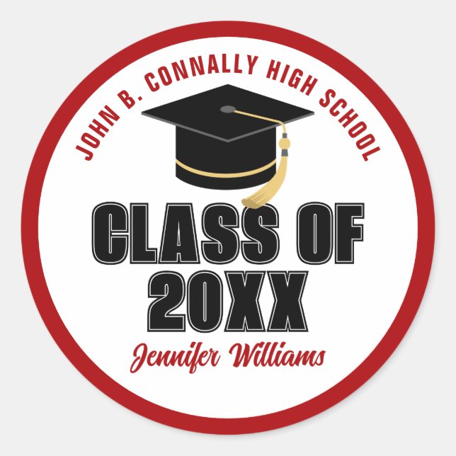 Class of 2025 Red White Personalized Graduate Name Classic Round Sticker (Front)