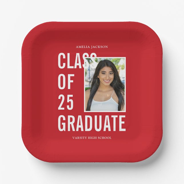 Class Of 2025 Red & White Photo Graduation Party Paper Plate (Creator Uploaded)