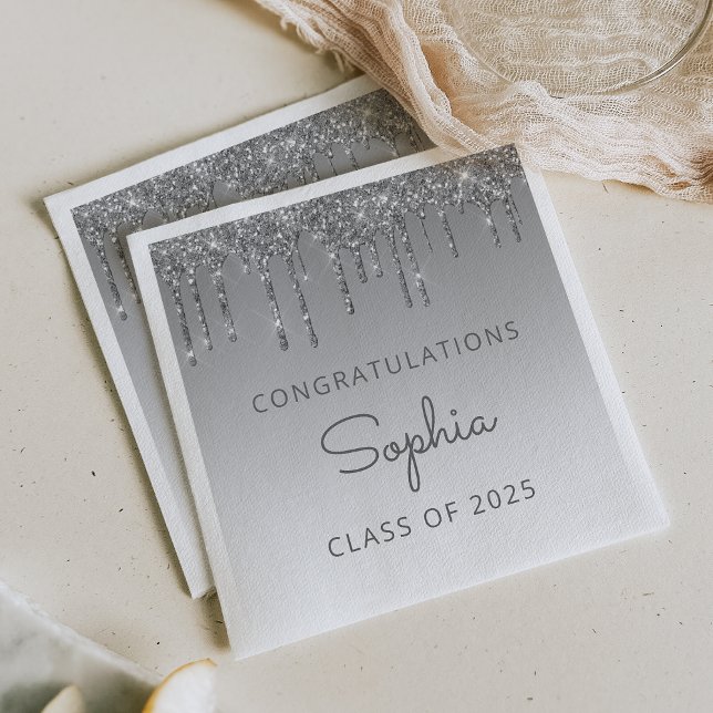 Class of 2025 Silver Glitter Drip Graduation Napkin (Creator Uploaded)