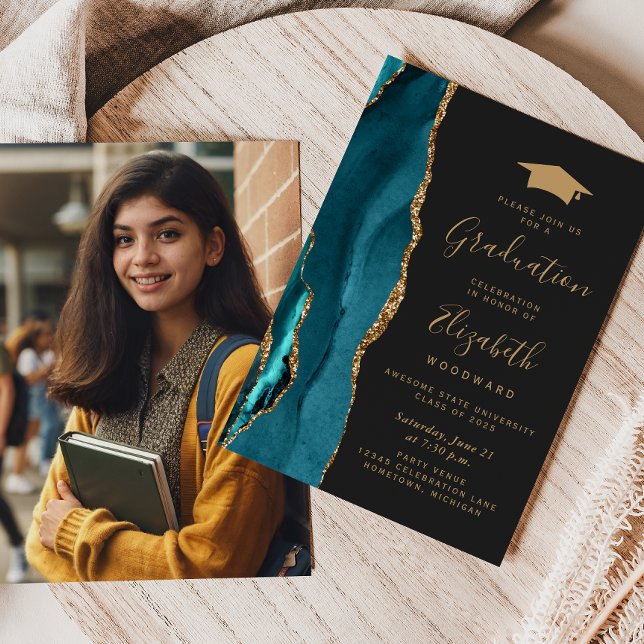 Class of 2025 Teal Agate Photo Cap Dark Graduation Invitation (Creator Uploaded)